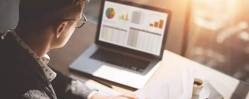 Mann schaut Grafiken auf dem Laptop - KPIs im Content Marketing